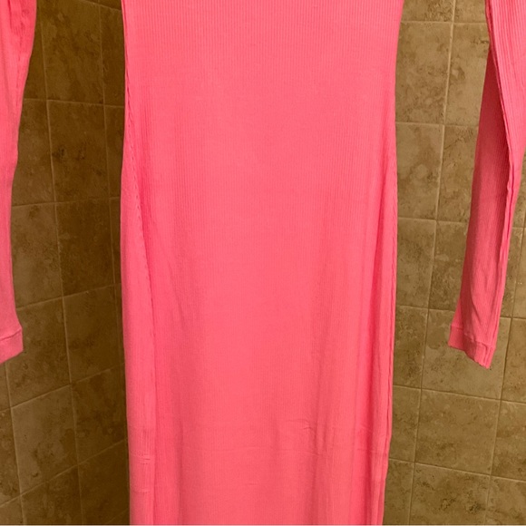 🆕XS BUBBLE GUM PINK SOFT LOUNGE LONG SLEEVE SQUARE NECK RIBBED SKIMS STYLE MAXI - Picture 11 of 15